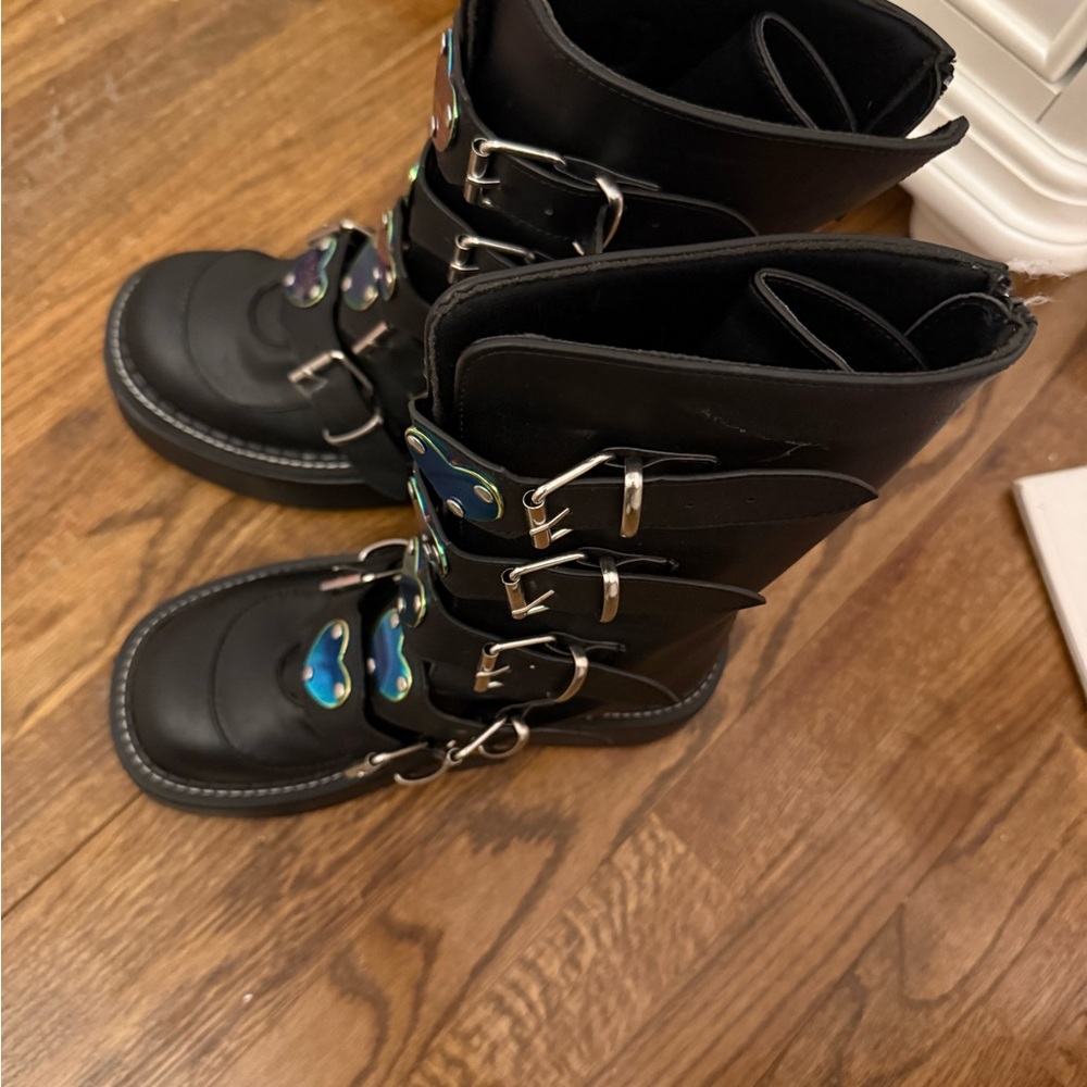 Demonia Black Combat Moto Boots with Straps and Buckles